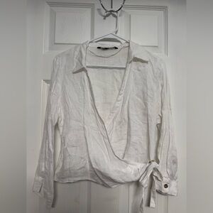 Zara White Linen Wrap Top